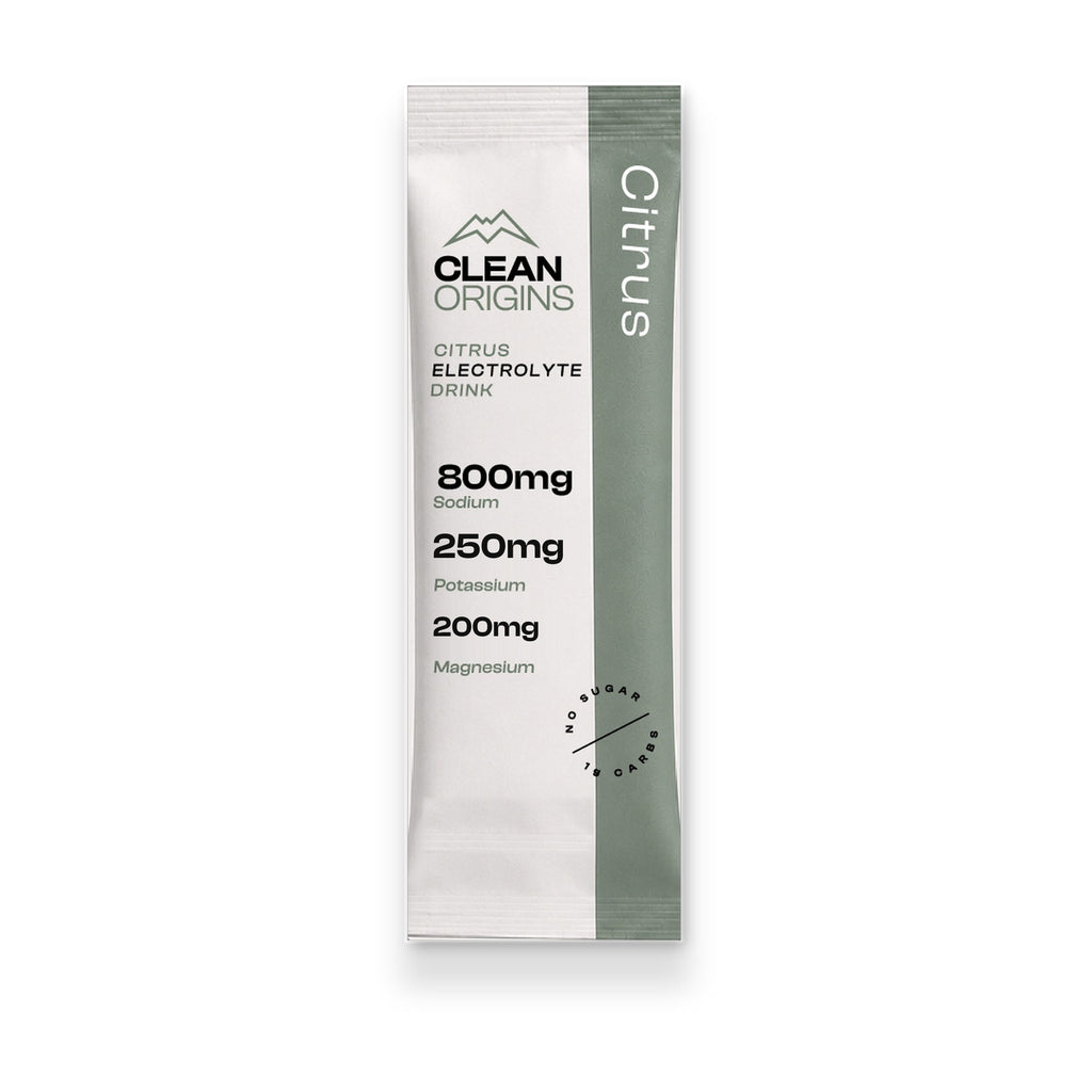 Clean Origins Citrus single-serve stick pack: 800mg sodium citrate, 250mg potassium citrate, 200mg magnesium glycinate, no sugar