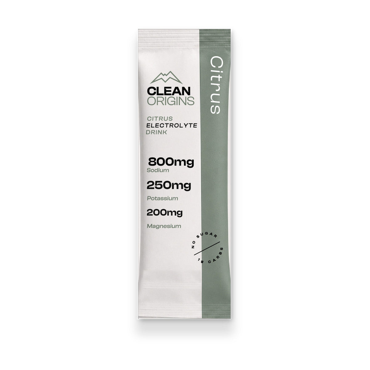 Clean Origins Citrus single-serve stick pack: 800mg sodium citrate, 250mg potassium citrate, 200mg magnesium glycinate, no sugar