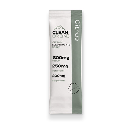 Clean Origins Citrus single-serve stick pack: 800mg sodium citrate, 250mg potassium citrate, 200mg magnesium glycinate, no sugar