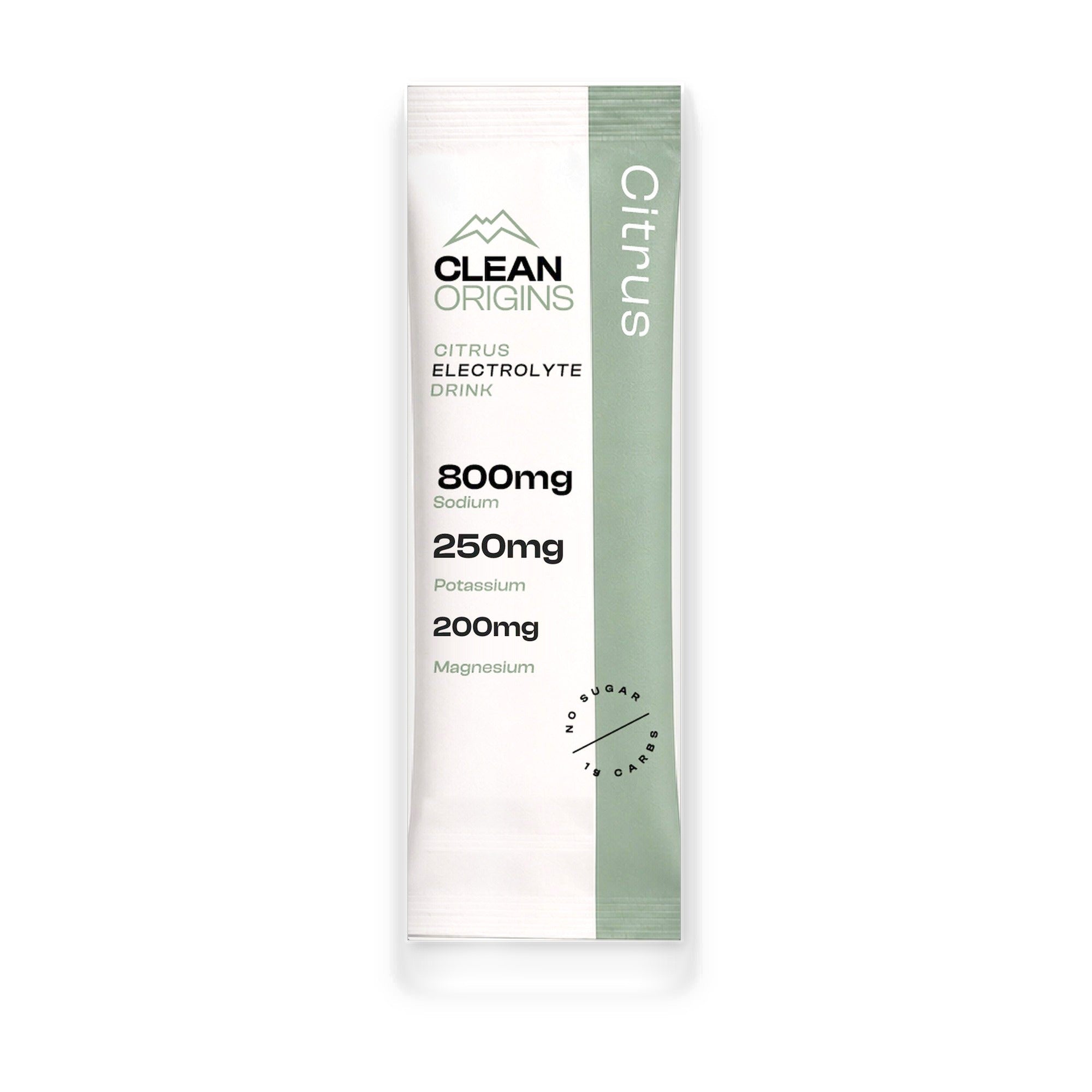 Clean Origins Citrus single-serve stick pack: 800mg sodium citrate, 250mg potassium citrate, 200mg magnesium glycinate, no sugar