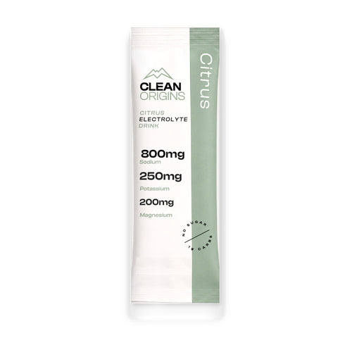 Clean Origins Citrus single-serve stick pack: 800mg sodium citrate, 250mg potassium citrate, 200mg magnesium glycinate, no sugar