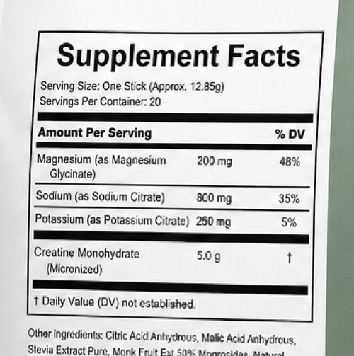 Clean Origins Supplement Facts. One stick approx 12.85g, 20 servings, 200mg magnesium glycinate, 800mg sodium citrate, 250mg potassium citrate, 5.0g micronized creatine monohydrate