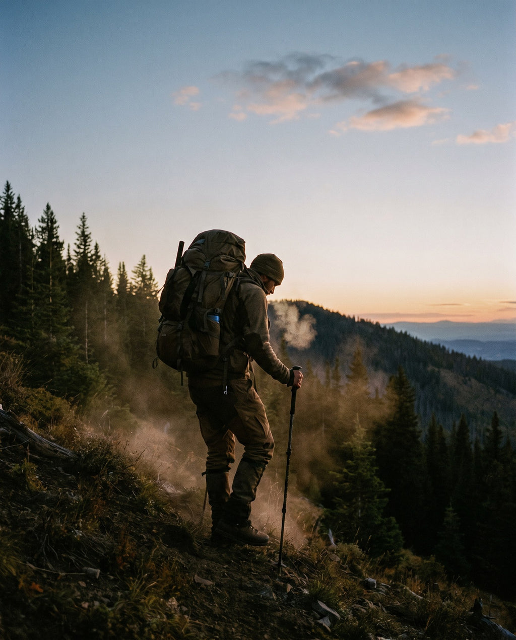 Hunter on a multi-day packout descending at dusk