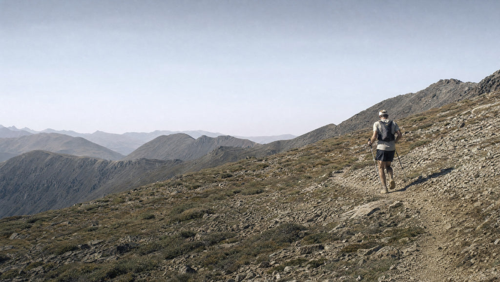 Trail runner high on an exposed ridgeline above treeline